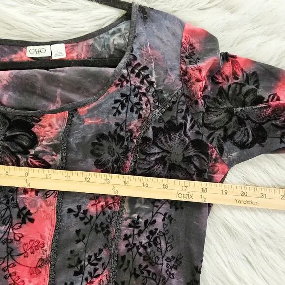 Cato Floral Red Black Burnout Top Sz Large Sheer Gothic Romantic Stretch Blouse - Picture 12 of 14